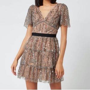 Self Portrait Grey Leaf Sequin Mini Dress Sz 8 Tiered skirt with embellishment.